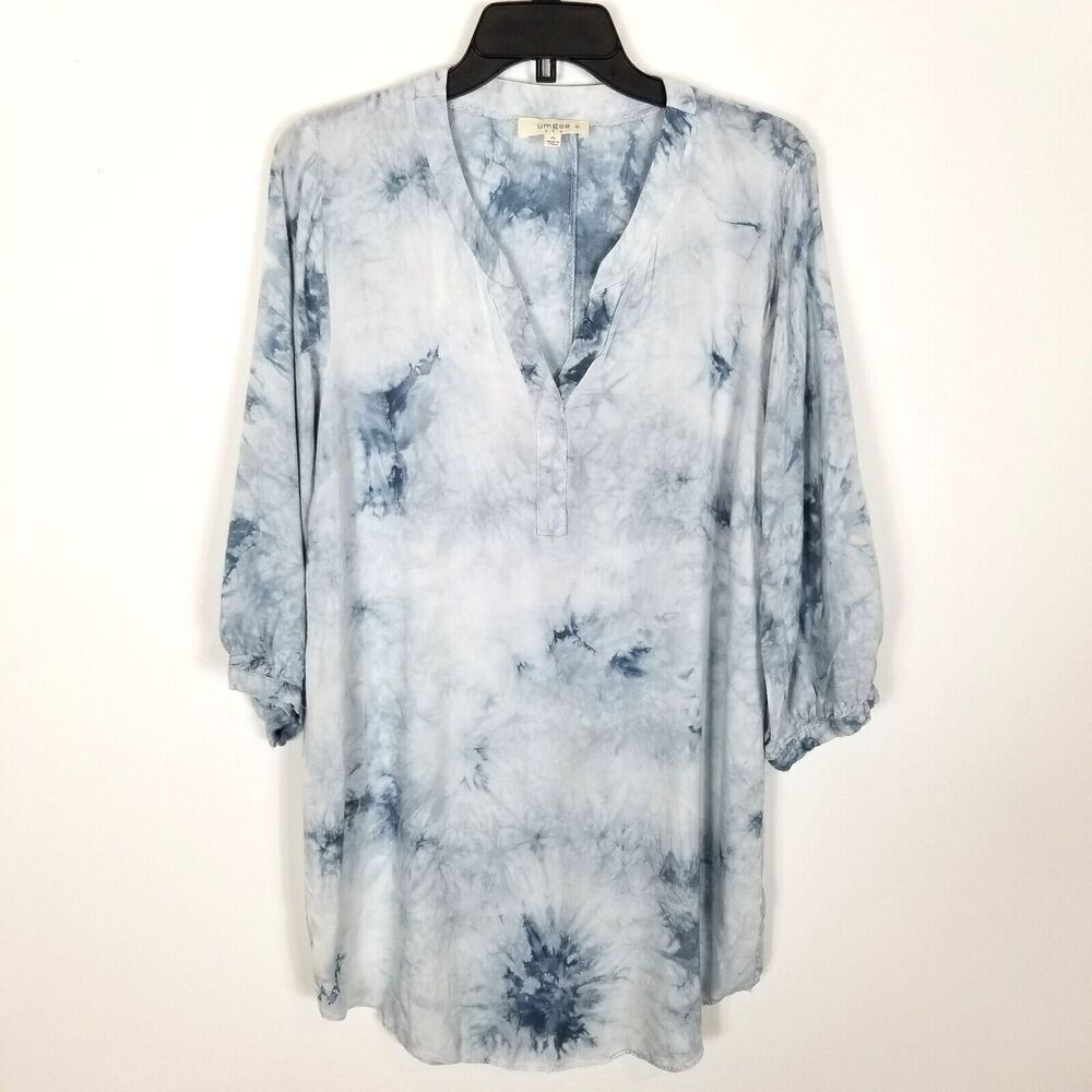 Umgee Women Plus Tie Dye Popover Blouse Top Size XL Blue White Artsy Boho